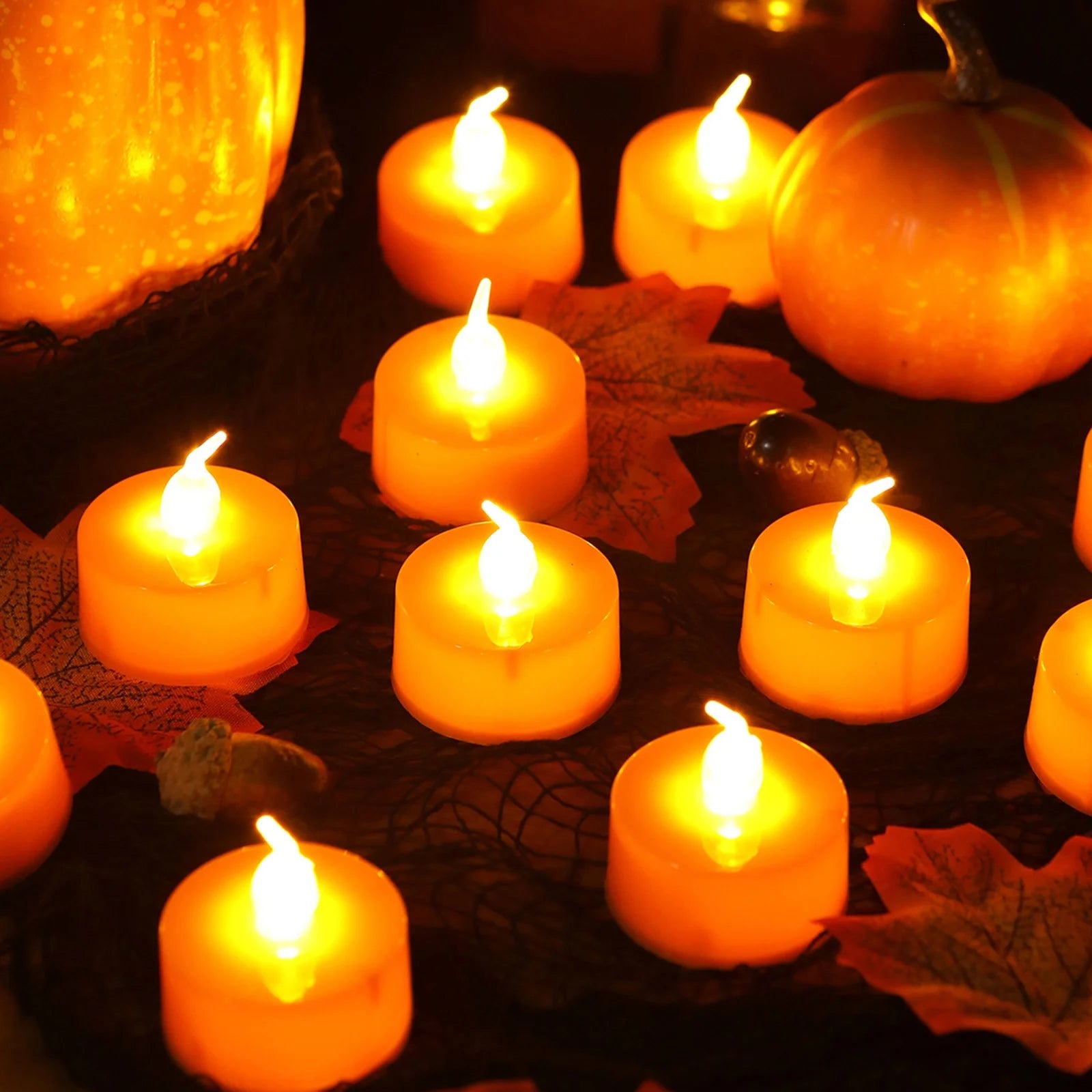 Halloween 12Pack Orange Tea Light Candles Battery Powered LED Tea Lights with Warm White Pumpkins for Halloween
