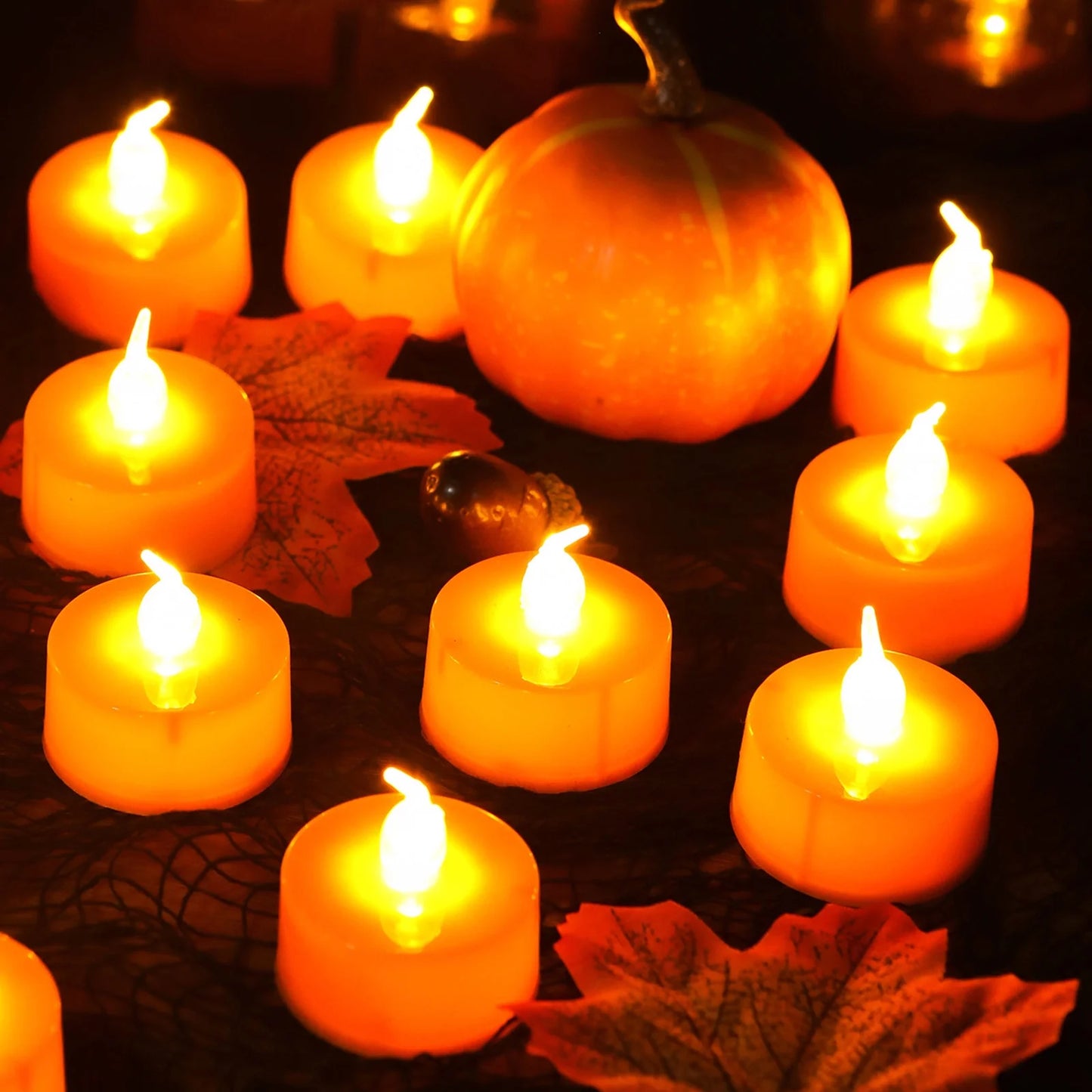Halloween 12Pack Orange Tea Light Candles Battery Powered LED Tea Lights with Warm White Pumpkins for Halloween